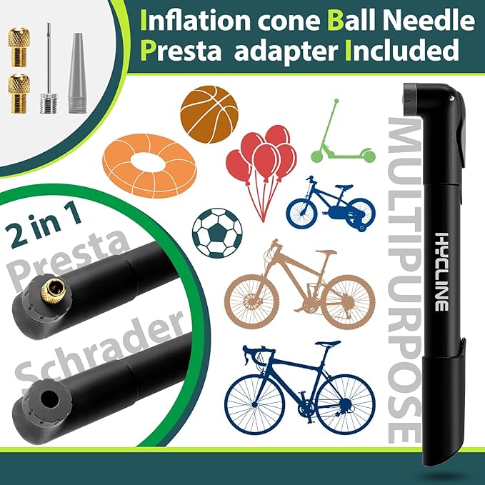 Hycline Mini Bike Pump - 120 PSI Portable Bicycle Frame Pump for MTB BMX Road Tires, Air Ball Pump Inflator with Ball Pump Needles Fits Presta & Schrader Valve