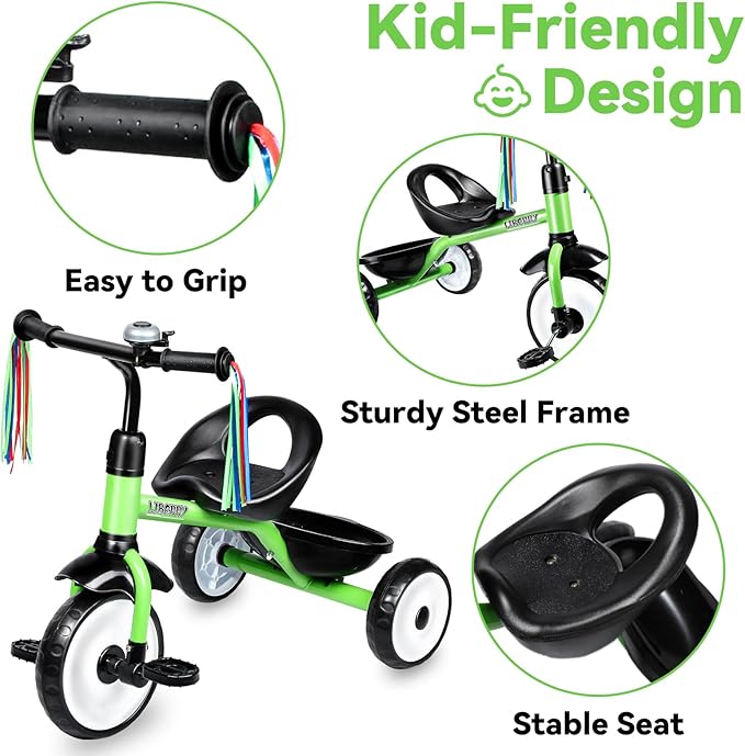 Liberry Toddler Tricycle Age 2 3 4 Years Old, Kids Trike with Bell, Back Basket and Removable Pedal, 3 Wheel Bike Birthday Toys Gift for Boys Girls, Green