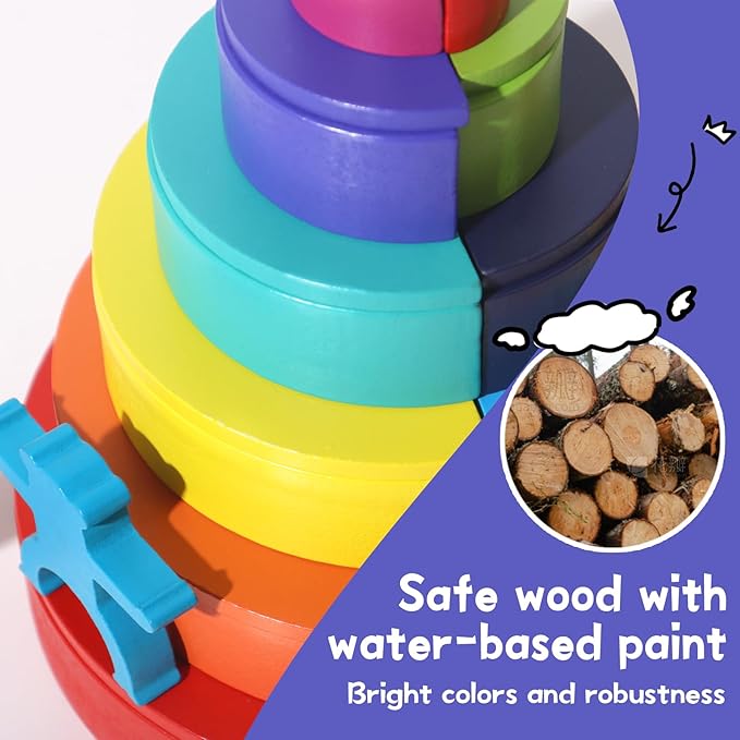 40-Piece Wooden Rainbow Stack Set, 4-in-1 Building Blocks preschoolers Early Development & Activity Toys Montessori Toys for Kids 1 2 3 4 Years and Older Gifts for Boys and Girls