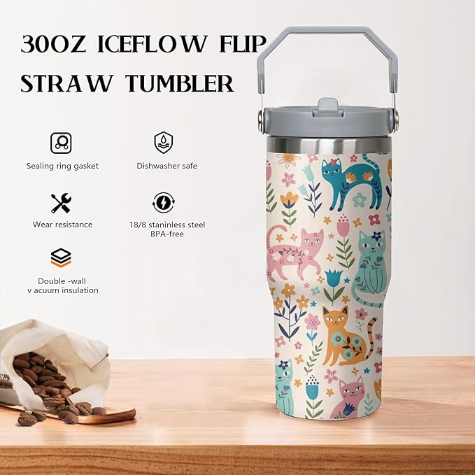 30 Oz Cat Flip StrawTumbler Lid and Straw,Funny Cat leakproof Insulated Stainless Steel Travel Coffee Cup Mugs Water Bottle,Cat Gifts for Cat Lovers