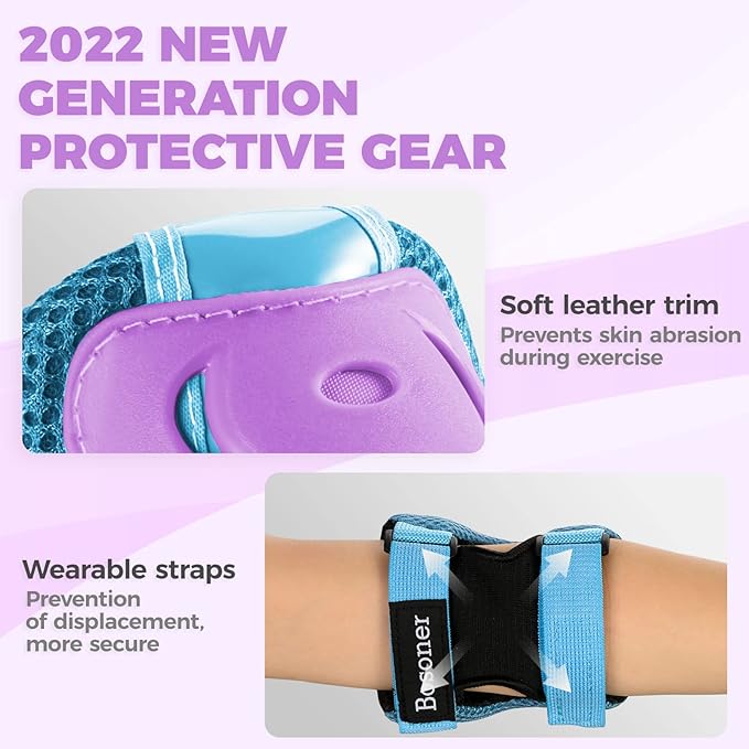 BOSONER Knee Pads for Kids Roller-Skating: Adjustable Protective Gear Set Knee Elbow Pads Wrist Guards for Bike Cycling Skateboarding Scooter Gifts 3-8/9-15 Years Boys Girls