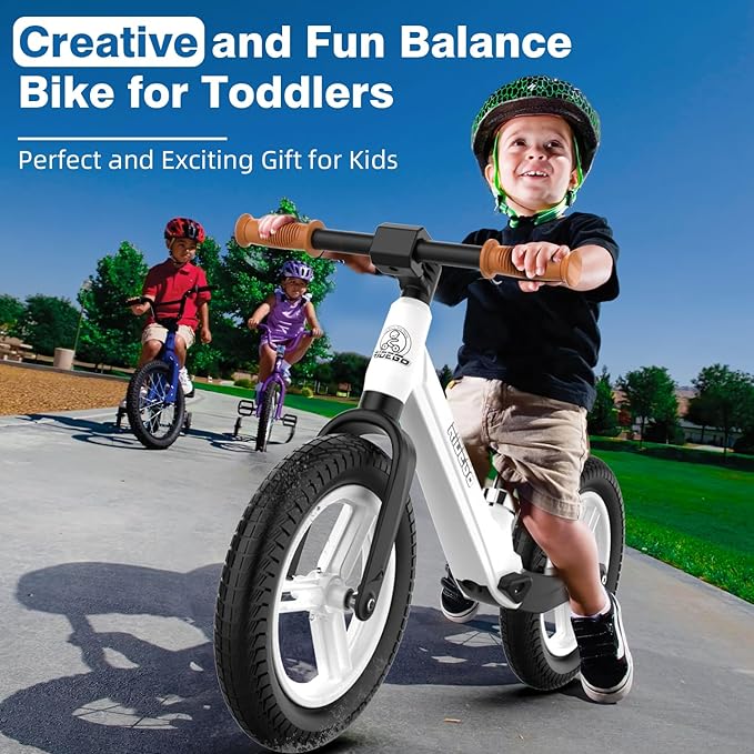 Ridego 12 Inch Balance Bike for Kids 2-4 Year Old,Lightweight Kids Bike with Adjustable Seat, Push Bicycle with Air Rubber Tires，Ride-on Toys Birthday Gift