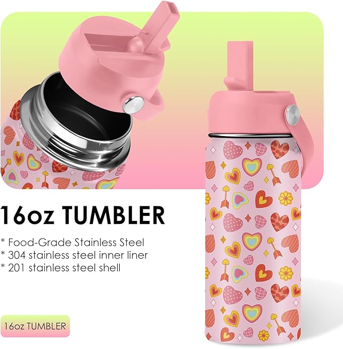 Heart Gifts for Kids - 16 Oz Kids Water Bottle with Straw Lid, Stainless Steel Insulated Tumbler, Leak Proof, BPA-Free, for Girls, School, Travel - Heart Pattern Children Birthday Gifts Cups(1pc)