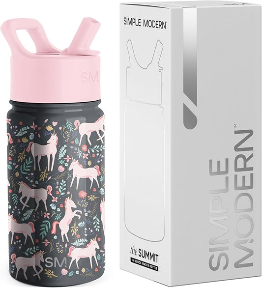 Simple Modern Kids Summit Water Bottle with Straw Lid | 14oz Stainless Steel Cup Insulated Tumbler for Toddlers, School | Unicorn Fields
