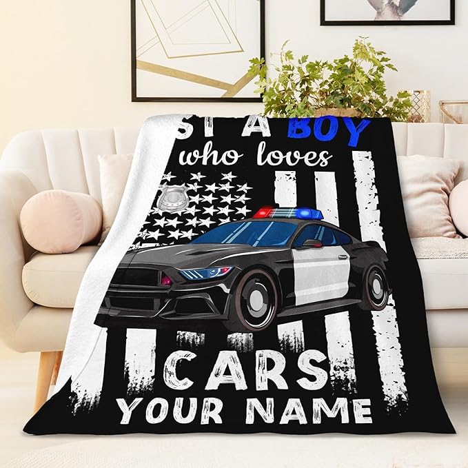 Custom Car Blanket for Boys, Cute Throw Blanket Gifts for Kids Cars Lovers, Personalized Name 50x60 Inches Black Soft Fuzzy Blankets for Sofa Couch Bed Travel