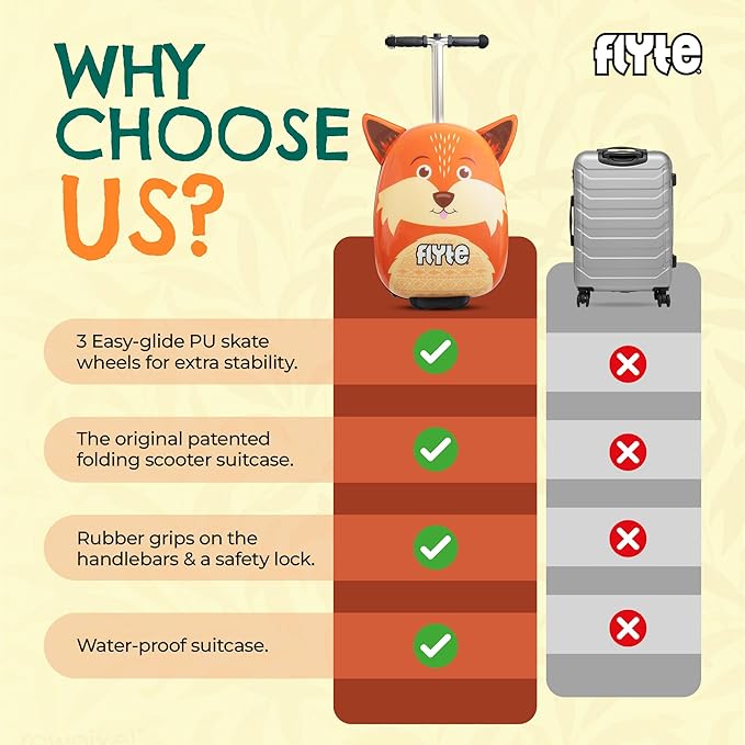 Flyte Frazer the Fox Scooter Suitcase - Rideable, Carry on Compliant 2-in-1 Children's Suitcases, 18 inch Ride on Suitcase for Kids, 25 Litre Capacity Kids' Luggage on Wheels for Children Aged 4+