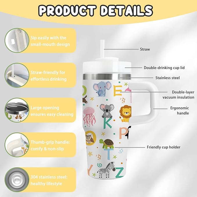 14 oz Kids Animal Alphabet Tumbler with with Handle Straw Lid, Stainless Steel Insulated Water Tumbler, Abc Letters Stuff, for Sports, School, Travel - Back to School Children Birthday Gifts Cups(1pc)