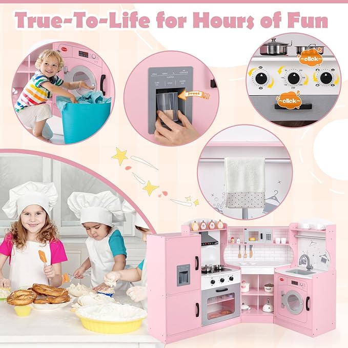 GLACER Corner Kids Kitchen Playset, Wooden Play Kitchen with Washing Machine, Ice Maker, Microwave, Oven, Sink & Facet, Pretend Toy Kitchen Set with Sounds & Lights for Toddler