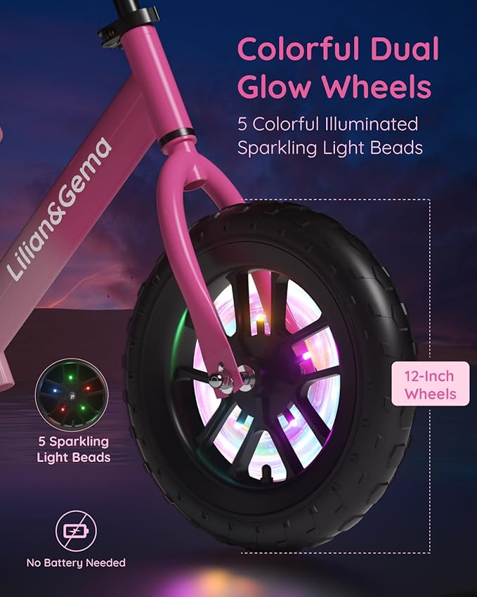 Lilian&Gema Toddler Balance Bike Colorful Lighting, 12'' Kids Balance Bike for 2-5 Years Old with Adjustable Seat & Handlebar, Toddler Gift Bike Suitable for Boys and Girls Ages 2 3 4 5