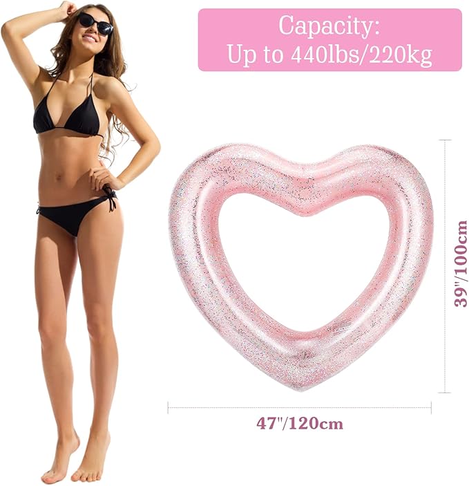 HeySplash Pool Floats, Adult Size Heart Inflatable Pool Floatie for Bachelorette Party, Swim Tube Rings, River Lake Beach Floaty, Wedding Bride Valentine Fun Toy Raft Lounge for Kids,Glitter Rose Gold