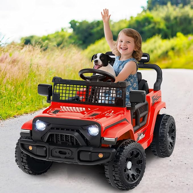 Costzon Kids Ride on Car Truck, 12V Electric Vehicle w/Foldable Mirrors, 3 Speeds, LED Lights, Music & Horn, Ride on Toys Remote Control Car for Toddlers, Boys & Girls (Red,34" × 23" × 21")