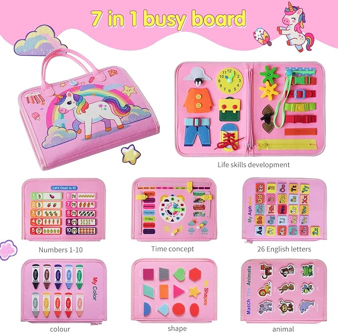 Montessori Toddler Busy Board Toys, Girls Unicorn Learning Sensory Toy, Toddler Travel Toy, Children's Educational Activity Busy Book, Birthday Gift (Pink)