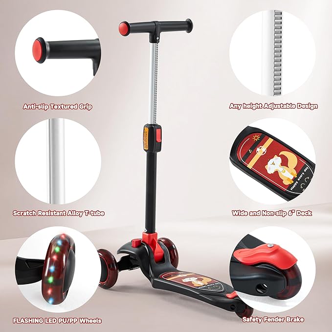 GLAMUP Kids Kick Scooter 3 Wheels, Kids Scooter Height Adjustable Handlebar, Lean-to-Steer System & Easy-Folding Mechanism, Ages 3-14 Boys and Girls