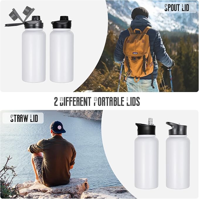 32 oz Insulated Water Bottle Bulk 4 Pack, Stainless Steel Sports Water Bottles with Straw Lid & Wide Mouth Lids, Double Walled Vacuum, Leak Proof, White