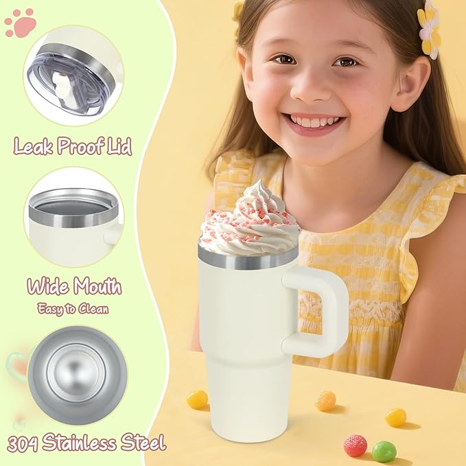 Cosictic 14 Oz Flip Straw Tumbler with Handle for Kids, Stainless Steel Double Wall Insulated Cup for Children with Flip Top Lid, 14 Oz Leak-proof Cups for Kids, Cream