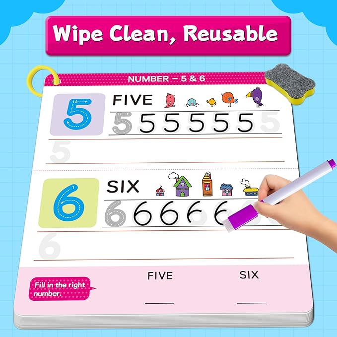 Preschool Learning Activities - Reusable Handwriting Tracing Books for Kids, PreK Kindergarten Workbooks, CVC Word Game, Numbers & Alphabet Educational Learning Toys for 3, 4, 5, 6 Year Old
