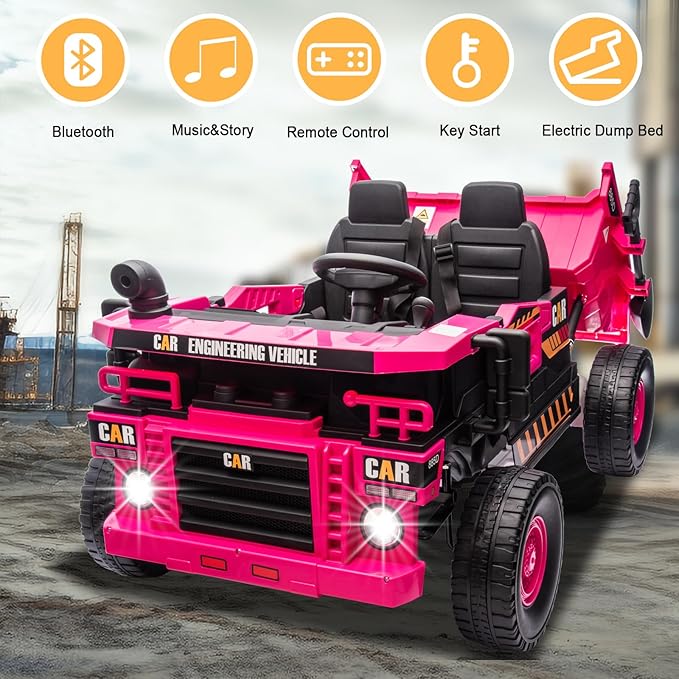 24V 4WD 2-Seater XL Kids Ride on Truck Electric Toy Car with Electric Dump Bed, Parents Remote Control Kids Car Tractor Toys Ride-on Dump Truck for Boys and Girls Ages 3+, Pink