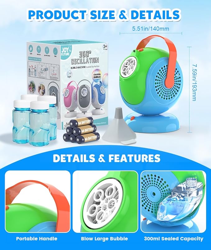Joyfuture Bubble Machine, Automatic Bubbles Blower for Kids, Toddlers - 360° Rotation, 75° Adjustment, with Handle - Gifts Toys for Boys, Girls Age 1+ Year Old, Hallween, Outdoor, Birthday Party