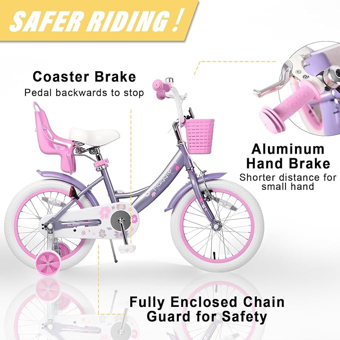 Glerc Maggie Girls Bike, 12-20 Inch Kids Bike for 2-13 Years Old Children, Princess Style Kids Bicycle with Doll-Seat & Basket & Training Wheels, Multiple Colors
