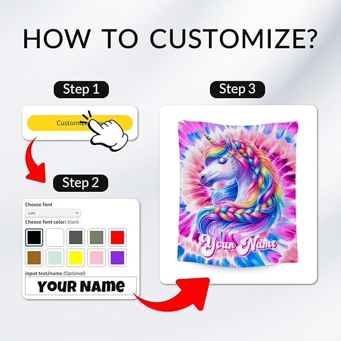 Girls Blanket, Personalized Unicorn Blanket Gifts for Girls, Tie Dye Rainbow Throw, Custom Flannel Kids Throws for Unicorn Lovers (4 Sizes)