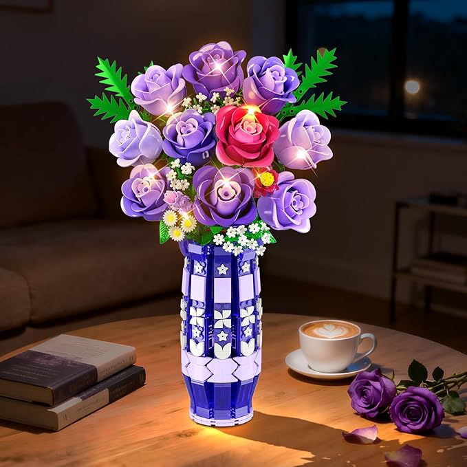 Purple Roses Flowers Building Set with Vase & LED Light, 17 Mini Flowers Bouquet Building Blocks Toy, Artificial Flowers for Home Office Decor & Display, Gifts for Adults Women Kids Girls 12+