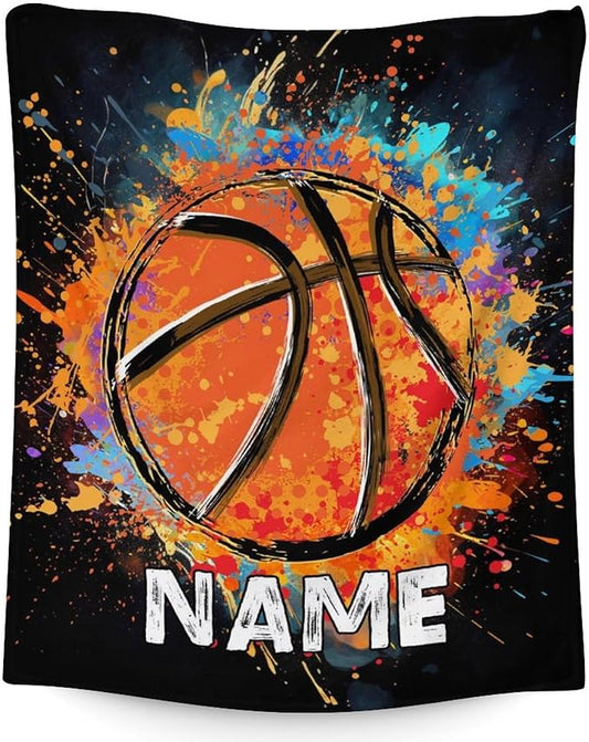 Personalized Basketball Blanket Gifts with Name, 80x60 Inches Sports Throw Blanket for Basketball Lover Kids Teens Adults, Black Soft Fuzzy Blankets for Couch Sofa Bed