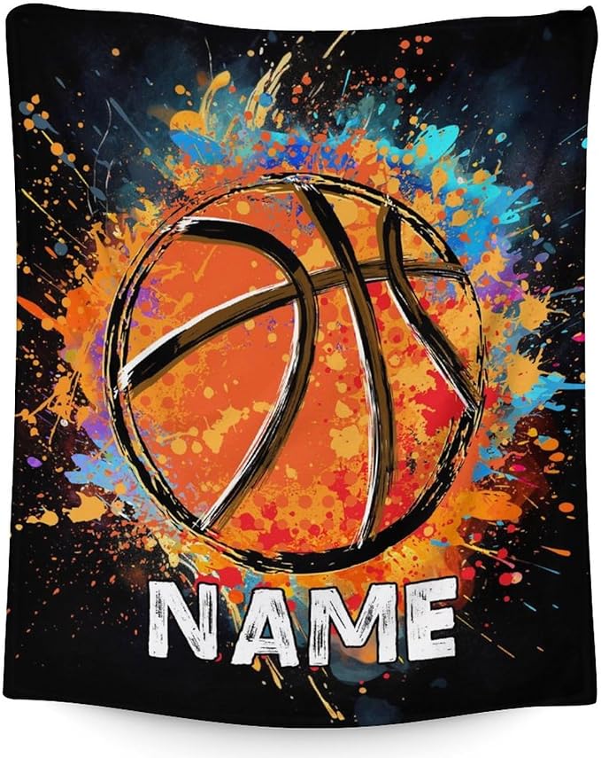 Personalized Basketball Blanket Gifts with Name, 50x40 Inches Sports Throw Blanket for Basketball Lover Kids Teens, Black Soft Fuzzy Blankets for Couch Sofa Bed