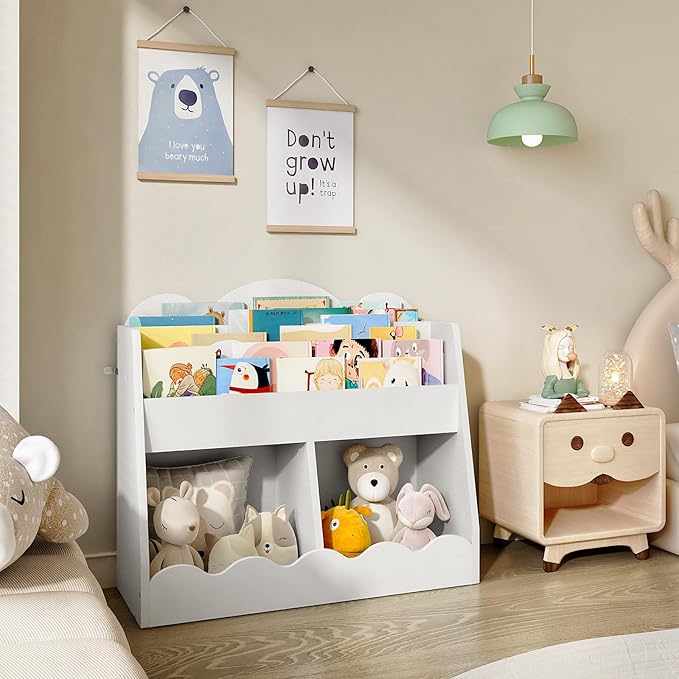 Kids Bookshelf and Toy Storage, Children's Bookcase with 2 Toy Cubes, Toddler Book Shelf for Kids Room, Wooden Book Organizer, for Playroom, Nursery, Living Room, White MCW15WB
