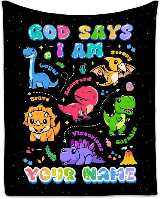 Personalized Dinosaur Blanket with Name, Dinosaur Gifts for Boys Toddler Child, God Says I Am Blanket for Kids, Inspirational Gifts for Son, Soft Kids Throw Blankets for Living Room, 60"x80"