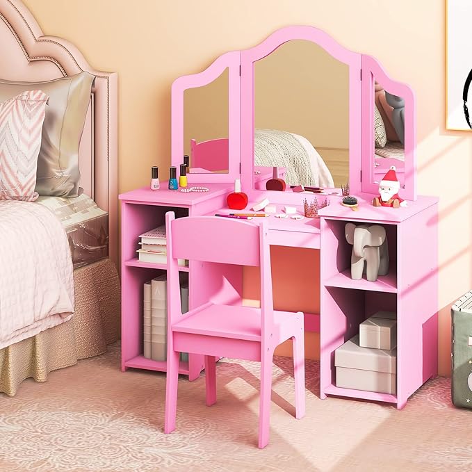 Costzon Kids 2-in-1 Princess Makeup Desk & Chair with Detachable Mirror, Shelves, Dressing Table for Little Girls (Pink)