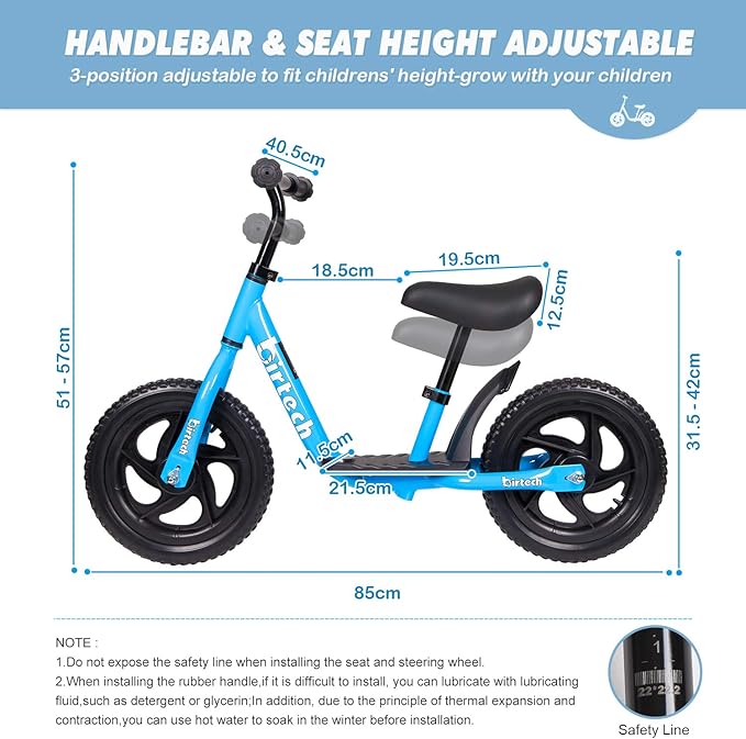 Birtech Balance Bike for 2-6 Year Old, 12 Inch Toddler Bike No Pedal Training Bicycle with Adjustable Seat Height, Airless Tire (Blue)