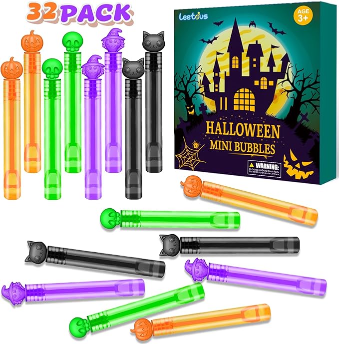 Halloween Party Favors Goodie Bag Stuffers for Kids 32 PCS, Mini Bubble Wands for Toddlers, Small Boo Trick or Treat Basket Bucket Fillers, Birthday Classroom Games Activities Supplies Prizes Gifts