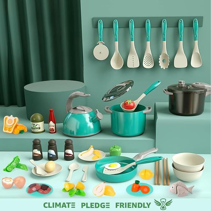 Bruvoalon 67Pcs Kids Play Kitchen Toys Set, Toddlers Pretend Cooking Playset Acccessories with Pots Pans, Utensils Cookware, Foods, Canned Veges, Learning Gift for Kids Girls Boys (Green)