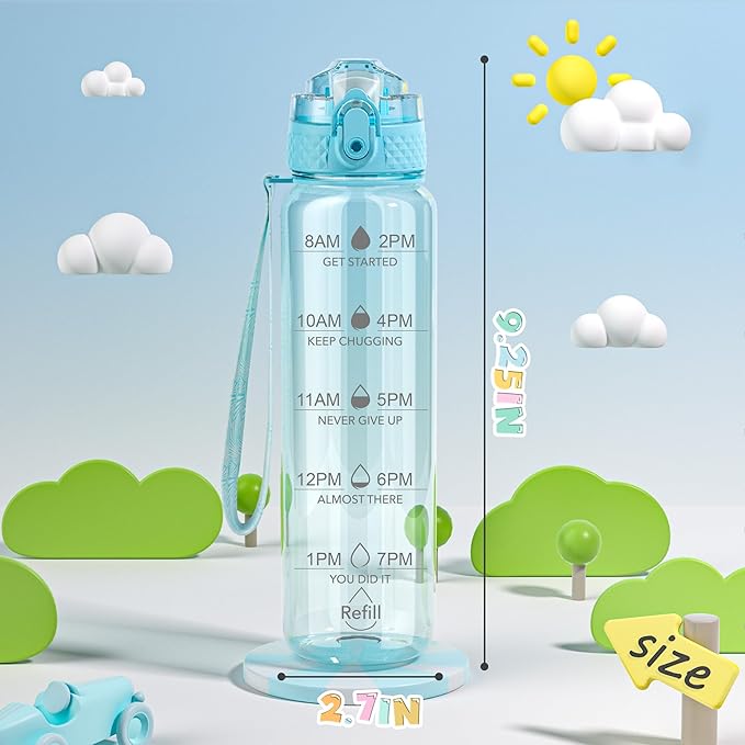 OLDLEY 17oz Kids Motivational Water Bottle, Silicone Straw, Leak-Proof Tritan BPA-Free, Reusable for School Girls & Boys, Cerulean