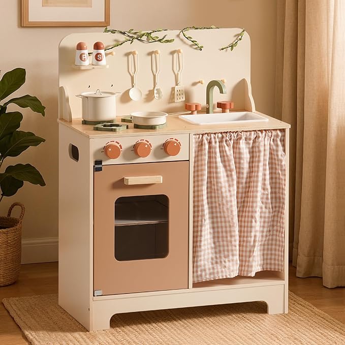 ROBOTIME Kids Play Kitchen Set - Rustic Wooden Kitchen Sets, Pretend Play Kitchen with Leaf Light String, Apron, and Groves, for Toddlers 3+ (Rustic Style)