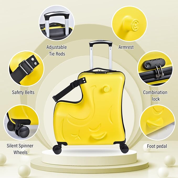 20 Inch Ride On Kids Suitcase with Wheels, Ride on Luggage with Pedal, Hardshell Kids Suitcase Adjustable Safe Harness, ABS+PC, Up To 100 Lbs, Yellow