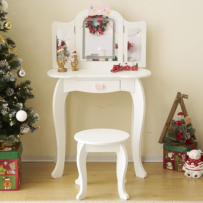 Kids Vanity Table and Chair Set, Girls Vanity Set with Mirror & 3-Color LED Lights, Pretend Play Kids Vanity with Drawer & Cute Bow Print, Makeup Dressing Princess Table for Girls, White