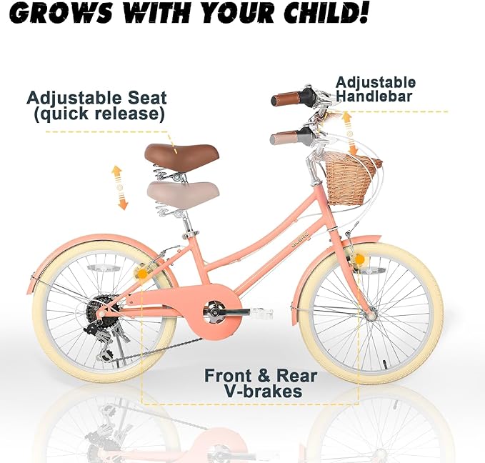 Glerc 20 24 26 Inch Beach Cruiser Bike, 6-Speed Hybrid City Bicycle for Girls Youth and Over 6 Years Old, Missy Bike with Wicker Basket & Lightweight, Multiple Colors