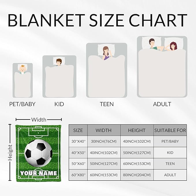 Personalized Soccer Throw Blanket with Name - Soft, Fuzzy & Warm - 30x40 Inches Lap Size Blanket for Couch, Office - Green Cute Throw Gift for Girls, Boys