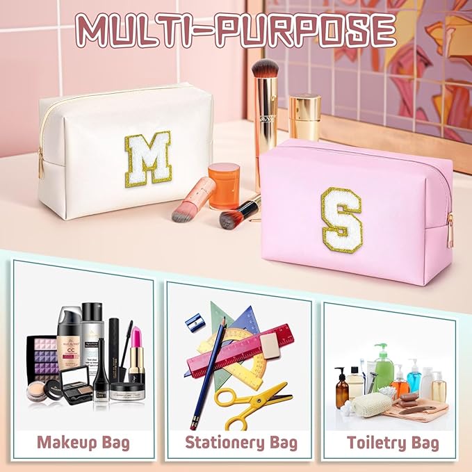 TOPEAST Cosmetic Travel Bags for Women, Preppy Small Makeup Bag, PU Leather Waterproof Toiletry Bag, Unique Friendship Gifts for Friends Coworker, Cute Stuff for Girls (White R)