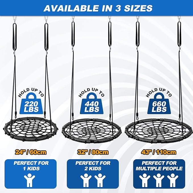 Odoland Spider Web Platform Swing, Outdoor Saucer Net Swings, 900D Oxford for Kids & Adults - Backyard Round Swing with Rope Straps & Turnbuckle, 24in, Black