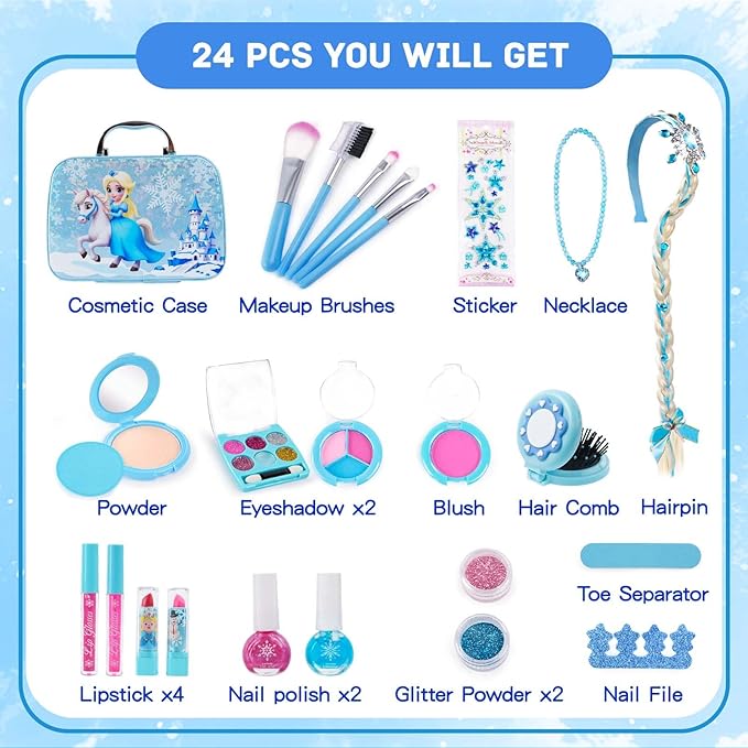 Kids Makeup Sets for Girls, Real Washable Make Up Kits Toys Toddler Children Princess Dress Up Birthday Toy for 3 4 5 6 7 8 9 10 11 12 Years (Blue)