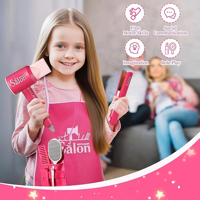 45PCS Hair Salon Toys for Girls Pretend Play Set, Kids Dress Up Beauty Kit with Hair Dryer & Curling Iron Accessories, Christmas Birthday Gift for Toddler Age 3 4 5 6+