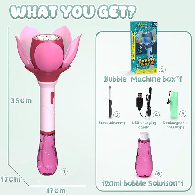 PANACARE Bubble Wand Blower for Kids Handheld Lotus Bubble Wand Automatic Bubble Machine with Battery/Light/10000+Bubbles/Bubble Solution Bubble Toy Gift for Girl Boys Party Weddings Outdoor Indoor