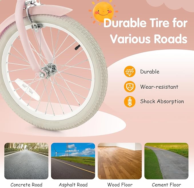 HONEY JOY Kids Bike, 12 14 16 18 20 Inch Toddler Bikes w/Training Wheels, Handbrake & Coaster Brake, Fully Enclosed Chain, Adjustable Handlebar & Seat, Kids Bicycle w/Basket, Girls Boys Bike 3-8