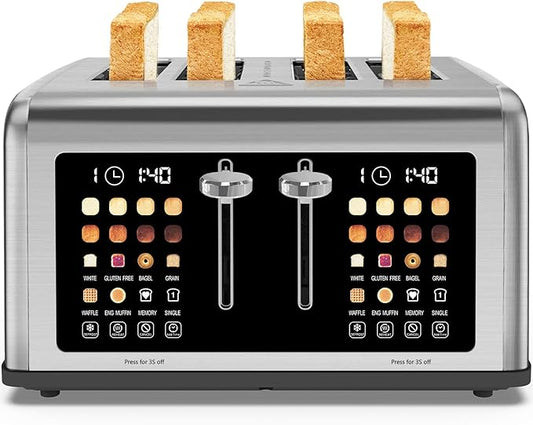 4 Slice Toaster Touch Screen, Stainless Steel Toasters Digital Timer, Dual Control Panel Toasters, 8 Shade Settings 6 Bread Types for Bagel, Cancel, Defrost 1650W