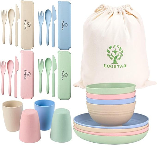ECOSTAR Wheat Straw Dinnerware Sets Unbreakable Plates Bowls and Cups Reusable Utensils Dishwasher Microwave Safe Bowls and Plates Sets (Classic)