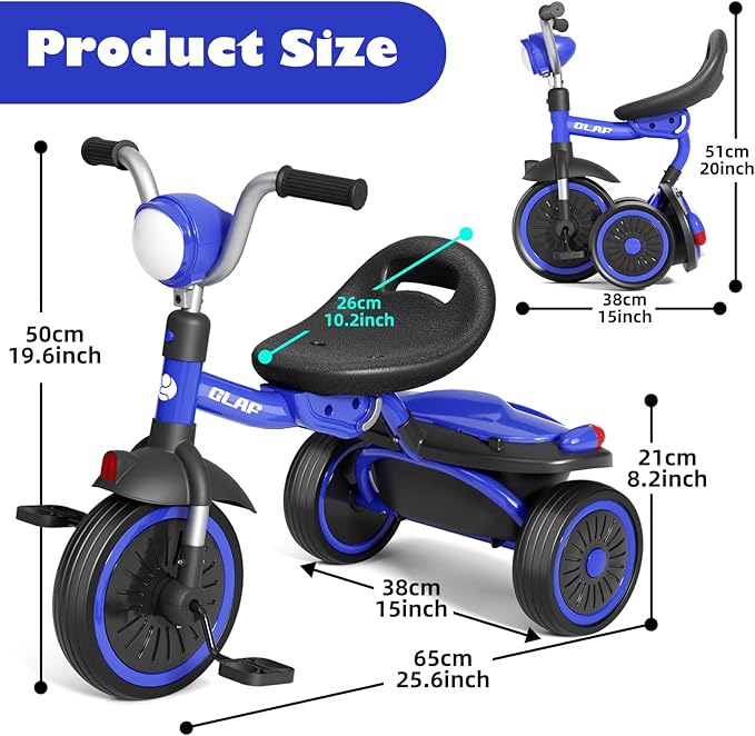 Glaf Toddler Bike for 2-5 Year Olds Tricycle for Toddler 1-3 Kids Tricycle Baby Bike with Adjustable Seat and Storage Basket Kids Trike Toys & Birthday Gifts for 1+ Years Old Boys Girl (Blue)