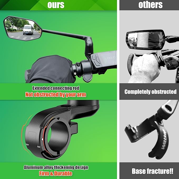 RBRL Bike Mirror, Aluminum Alloy Bike Mirror Handlebar Mount, Anti-shake & Break-proof, Foldable HD Real Glass Rotatable Ebike Accessories, Bike Rear View Mirror for Ebike Scooter (Set)