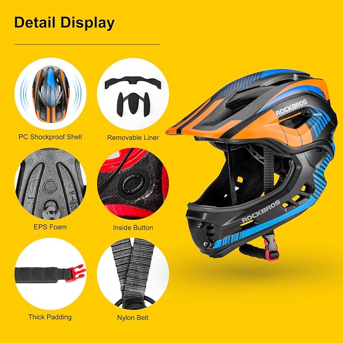 ROCKBROS Kids Full Face Helmet Kids Bike Helmets Lightweight Toddler Mountain Bike Helmet Detachable for MTB BMX Skating Cycling Scooter Safety Bicycle Helmets for Youth Child Boys Girls Ages 3-16